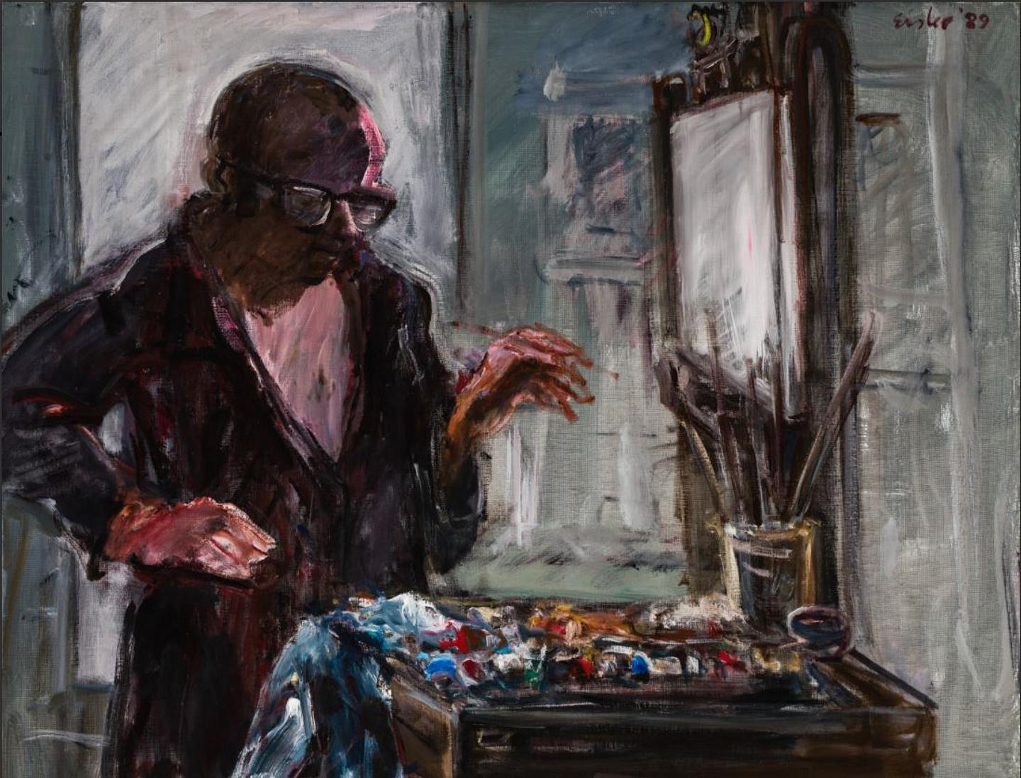 Georg Eisler, Selbstporträt, Im Atalier, 1989, Öl auf Leinwand