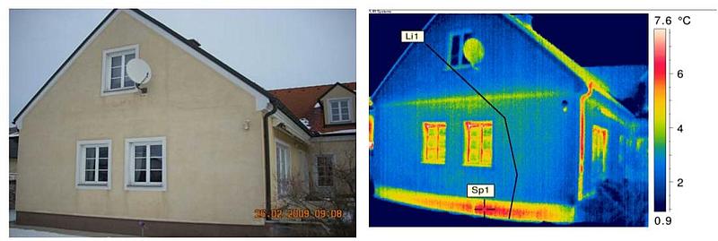 Foto aufgenommen mit Wärmebildkamera. Bauthermografie eines Gebäudes mit Farbskala.
