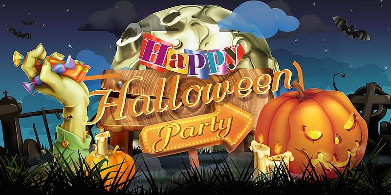 Happy Halloween! Grafik mit Aufschrift Happy Halloween Party mit Kürbis Hand mit Zuckerl