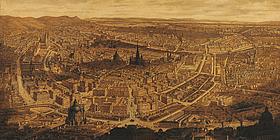 Bild von historischem Stich von der Stadt Wien. Im Zentrum ragt der Stephansdom über die ihn umgebenden Häuser.