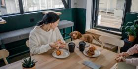 Frau sitzt an einem Tisch mit Mehlspeisen und Kaffee. Sie schaut zu einem braunen Hund mit Schlappohren (Rassse wahrscheinlich ein Kurzhaariger Ungarischer Vorstehhund)