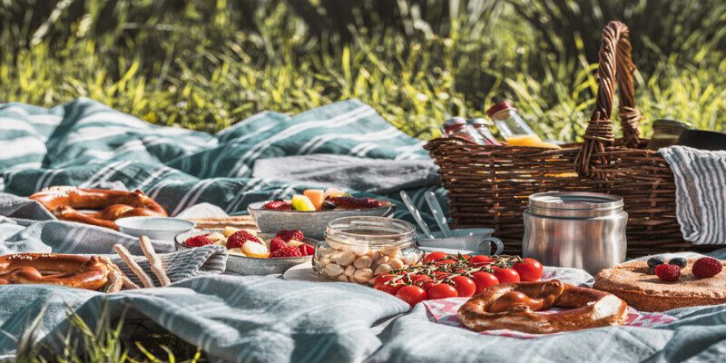 Kleine Speisen und Picknickkorb auf einer Decke im Park.