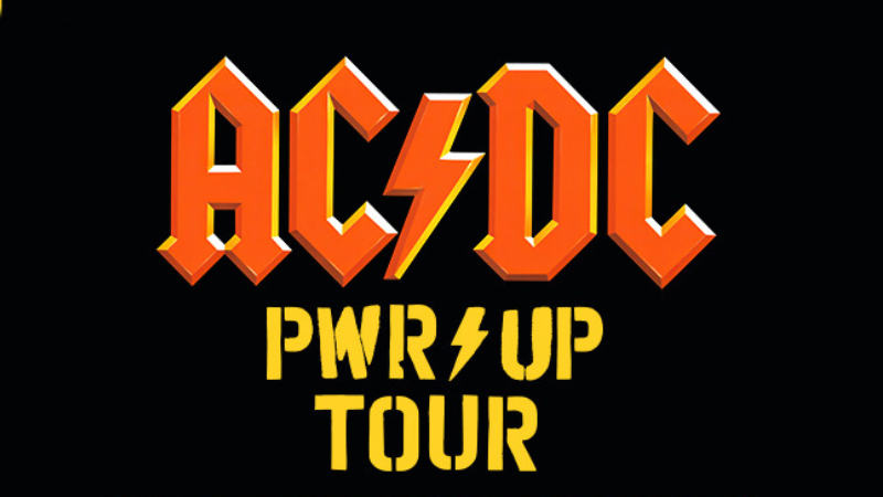 Großes AC/DC-Logo vor schwarzem Hintergrund + Schriftzug: "PRW/UP Tour"