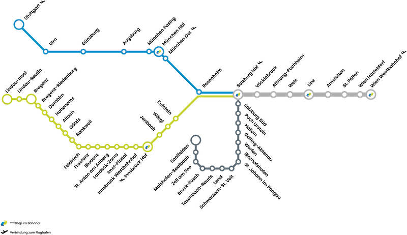 Streckennetz der Westbahn mit ihren einzelnen Stationen 