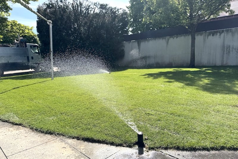 neu verlegter Fertigrasen wird mit Sprenkelanlage gegossen