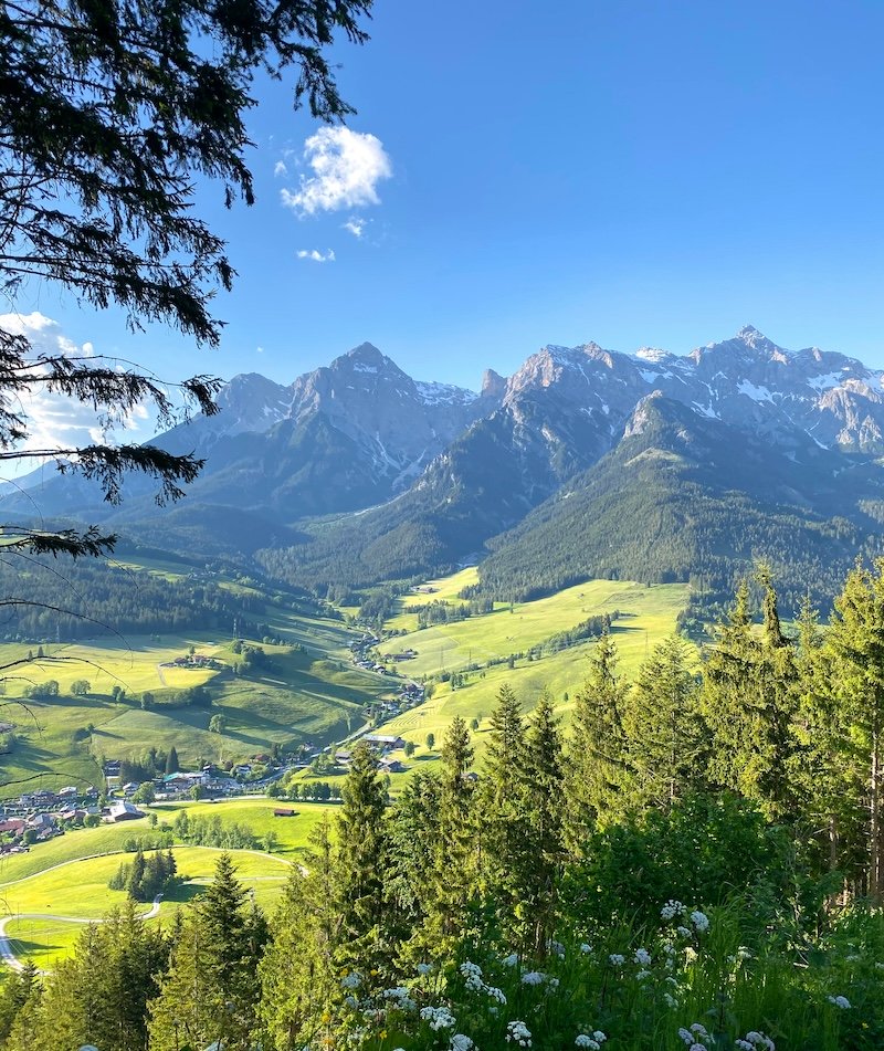 blick in ein Tal in Österreich im Sommer mit Berge im Hinterund