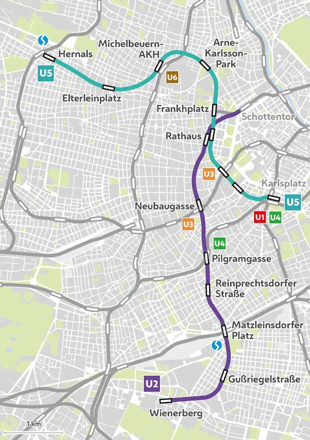 Strecke der U-Bahn 5 in Wien nach Ausbau