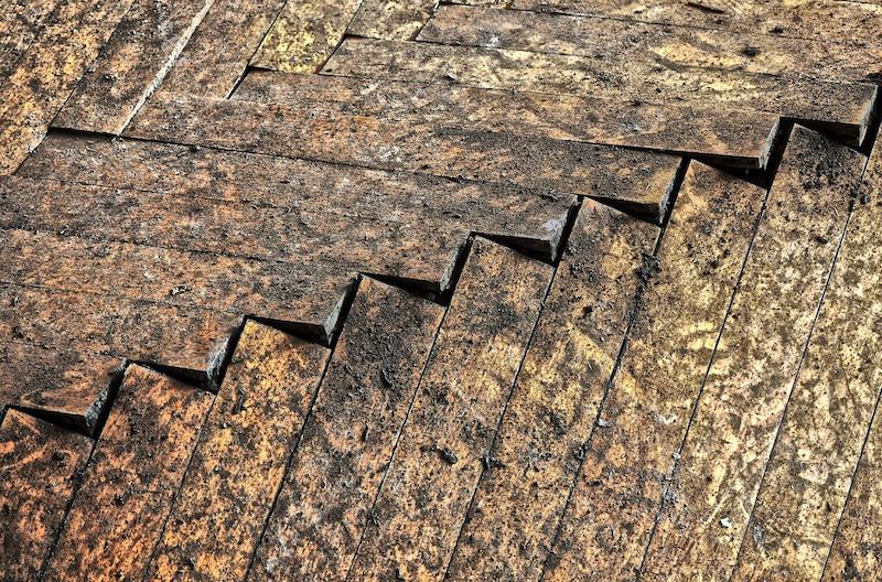 Fischgrät-Holzparkett nach einem Wasserschaden. Parkettstäbe aufgegangen.